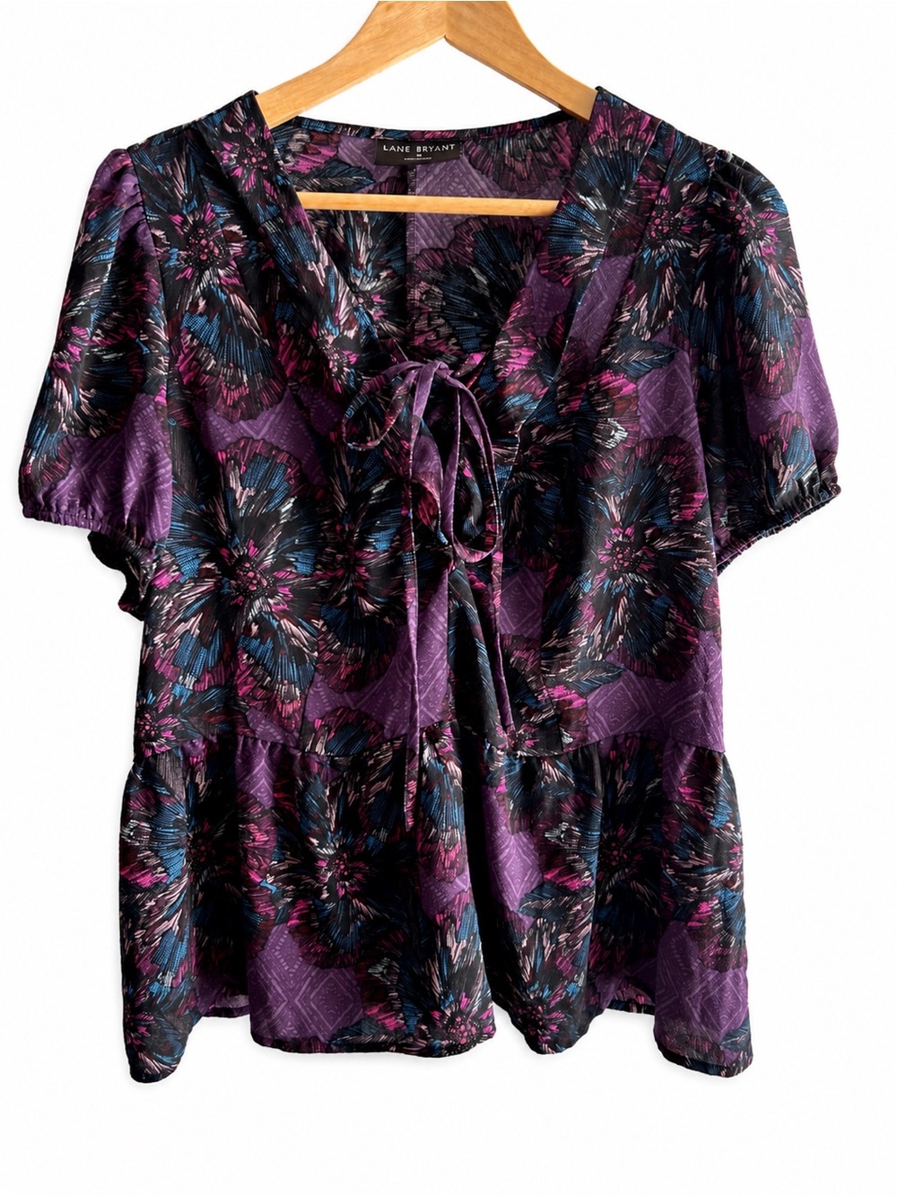 Lane Bryant Purple Floral Tie Front Babydoll Blouse Plus Size 16